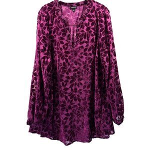 Torrid Women's‎ Top Size 1X Dark Pink Velvet Burnout Floral Long Sleeves Popover